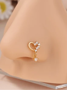 1PC Dangling Nose Stud Heart Clear CZ L-Shaped Nose Pin 20G Golden Color Cute Nostril Piercing Jewelry For Daily Wear, Beach, Vacation & Party - L184 - View 1