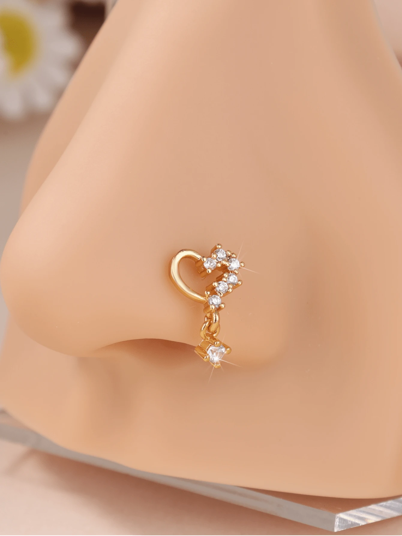1PC Dangling Nose Stud Heart Clear CZ L-Shaped Nose Pin 20G Golden Color Cute Nostril Piercing Jewelry For Daily Wear, Beach, Vacation & Party - L184 - View 1