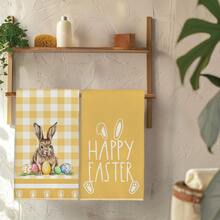 2条黄色格子底复活节兔子和彩蛋图案厨房巾，40*60厘米，柔软超细纤维材质，适用于家庭、厨房、餐厅、户外露营、桌面清洁、餐具擦干，节日礼物 - 彩色 - 查看 6