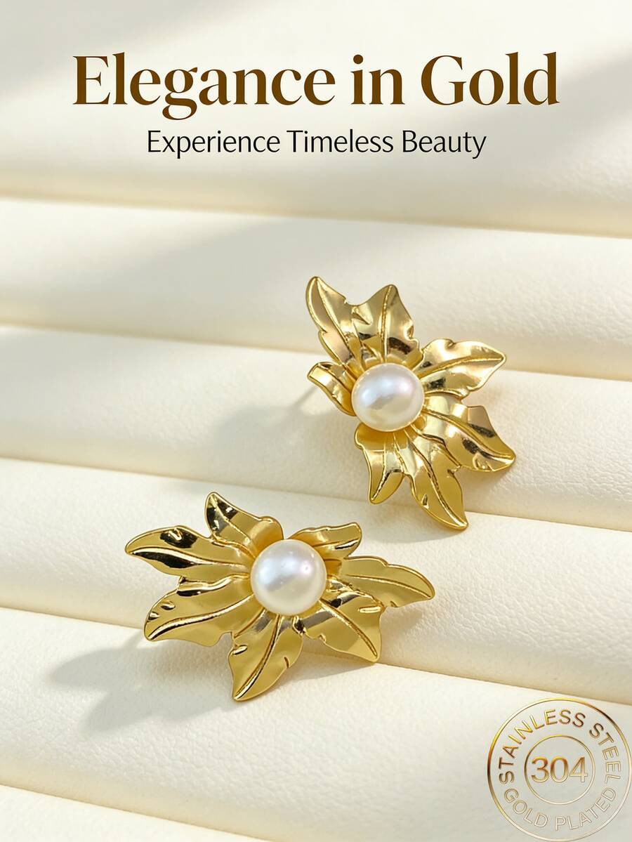 女士大号几何珍珠吊坠耳环 - 波西米亚枫叶心形吊坠耳环 - 夸张金属层叠几何耳环 - 女款 - 彩色 - 查看 1