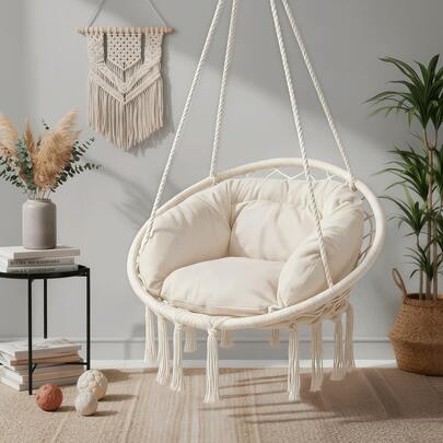 Hanging Hammock Chair W/Large Padded Cushion, Macrame Swing Chair For Porch, Max 350 Lbs Capacity Hanging Swing For Adults & Teens, Comfy Hammock For Bedroom Relaxing Reading Napping