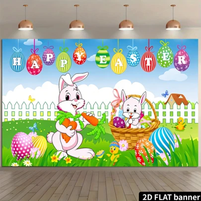 2D Flat Easter Backdrop, Blue Sky & White Clouds, Colorful Polka Dot Pennant Flags, Multicolor Artistic Text, Rainbow, 2 Cartoon Rabbits, Polka Dot Bow Tie, Orange Bow Tie, Striped Pants, Woven Basket, Holiday Gift, Polyester Material, No Power Needed, Suitable For Indoor & Outdoor Celebrations