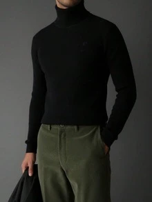 男士常规肩部长袖罗纹高领毛衣 - 黑色 - 查看 4