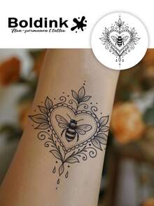 Boldink 1张优雅的心形、蜜蜂、蝴蝶装饰性临时防水纹身贴纸，持久1-2周，果汁纹身贴纸，秋冬季理想的身体装饰，深受女性和时尚达人的喜爱 - 黑色 - 查看 3