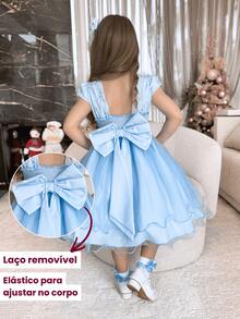 Vestido Juvenil De Festa Premium Aniversário Florista Dama De Honra Jardim Encantado Aplique Borboletas Luxo Cores Rosa Branco Rose Azul - Azul - Visão 6
