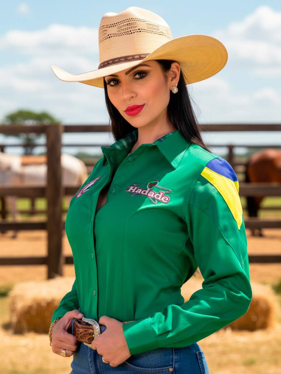 Women's Country Rada Shirt Embroidered Barretos Flag - 綠色 - 查看 1