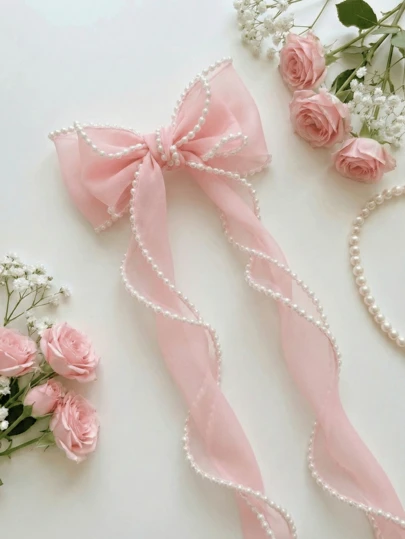 1pc Faux Pearl Bow Decor Hair Clip, Elegant Valentine's Day Hair Accessory, Women's Claw Clip, Hair Barrette, Student Supplies, Essential For College Campus, Pink Bow Hair Clip, Pearl Hair Decoration, Suitable For Valentine's Day, Wedding, Summer Party, Beach And Daily Wear, Hairpin