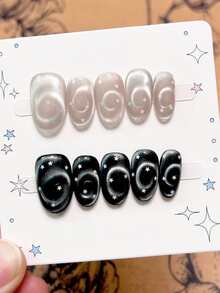 10pcs Pure Handmade Press On Nails Mid-Length Oval Nail Black And White Cat Eye Nails With Stars Cute Fancy Pain Y2k Gentle Shiny Elegant For Women And Girls,Spring Summer Fall Winter,Holiday And Daily Life Use Nail Supplies - Black and White - View 2