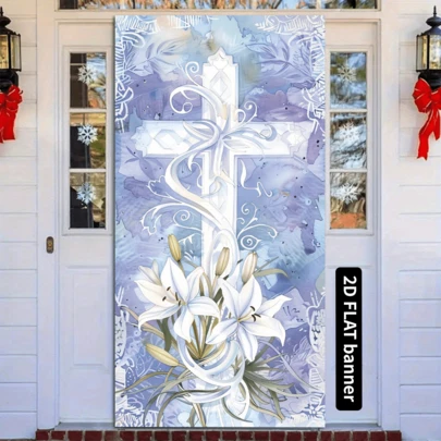 1 pieza Cenefa de bienvenida con bendiciones de Pascua, con flores moradas, decoración festiva, regalo de bandera, decoración del hogar y la cocina, cortina de puerta, bandera de pared y ventana, bandera vertical para fiesta y carnaval, de poliéster duradero