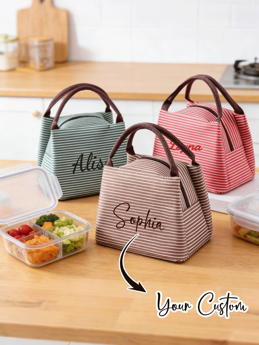 Customizable Lunch Bag, Casual Striped Lunch Bag, Portable Bento Box, Customizable With Names And Text, Lunch Bag And Bento Box, Tote Bag, Large Capacity Tote Bag For Students And Women, Personalized Picnic Bag, Suitable For School, Commute And Travel Picnics, Storage Bag, Ideal Gift For Girlfriend, Boyfriend, Daughter, Son, Father And Mother, Bridesmaids, Weddings, Birthdays, Mother's Day, New Year, Ramadan - Multicolor - View 1