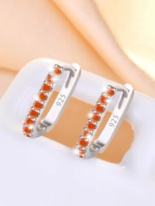 1 Pair 925 Sterling Silver Crystal Zirconia Edged Fashionable Zirconia Hoop Earrings 1.4cm, Women's Wedding/Birthday Gift, Daily Wear, Comes With Elegant Gift Box