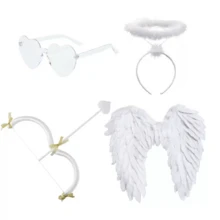 Conjunto de 1/4 peças de adereços para fantasia de Cupido para o Dia dos Namorados, incluindo asas de penas vermelhas, óculos de sol em formato de coração, arco e flecha, e auréola. Ideal para eventos festivos, festas temáticas e fotos de baile de máscaras. - Branco - Ver 14