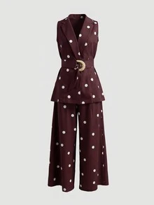 2件套女士优雅棕色波点撞色系带吊带背心和阔腿裤套装，春夏款 - 咖啡棕 - 查看 2