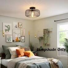 直径 11.02 英寸 x 高 7.48 英寸黑色金属丝笼式筒形吸顶灯灯罩（仅灯罩），工业风农舍风格嵌入式灯罩替换件，适用于 E26/E27 灯座，不含灯泡 - 黑色 - 查看 3