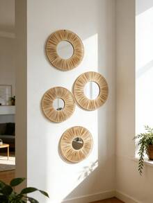 1/2/4件套波西米亚风编织圆形壁镜，藤编装饰镜，乡村风墙面装饰，优雅家居装饰，自然色调圆形墙面艺术品，适用于客厅、卧室、玄关，打造农舍风格墙面装饰，现代家居墙面装饰镜套装，适用于走廊、门廊、公寓装饰，家居装饰 - 彩色 - 查看 3