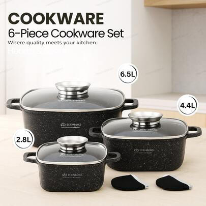 Set di 6 pentole quadrate antiaderenti, rivestimento in marmo, pentole in alluminio antiaderenti, adatte per induzione, con coperchio in vetro