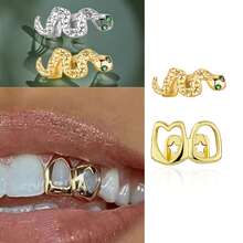 4Pcs Grillz HIP HOP Gold Tooth Grillz Grills Street Rap Teeth Fake Teeth 18K Gold Plated Iced Out Halloween Grillz For Men Women - Multicolor - View 9