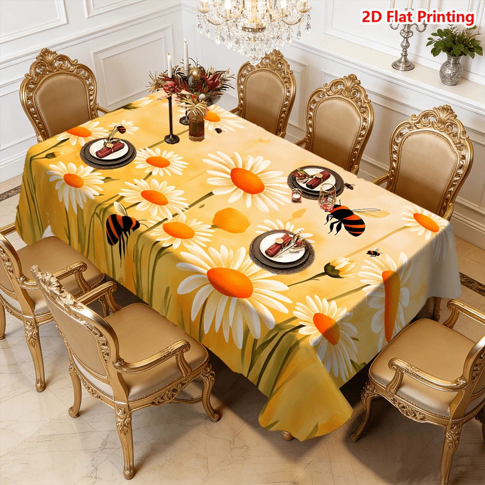 1/20pcs Tablecloth Set, Daisy And Bee Pattern, Spring Theme, Made Of Polyester Fabric, Woven, Suitable For Picnic, Camping, Wedding, Birthday, Buffet, Home Decor - Multicolor - View 1