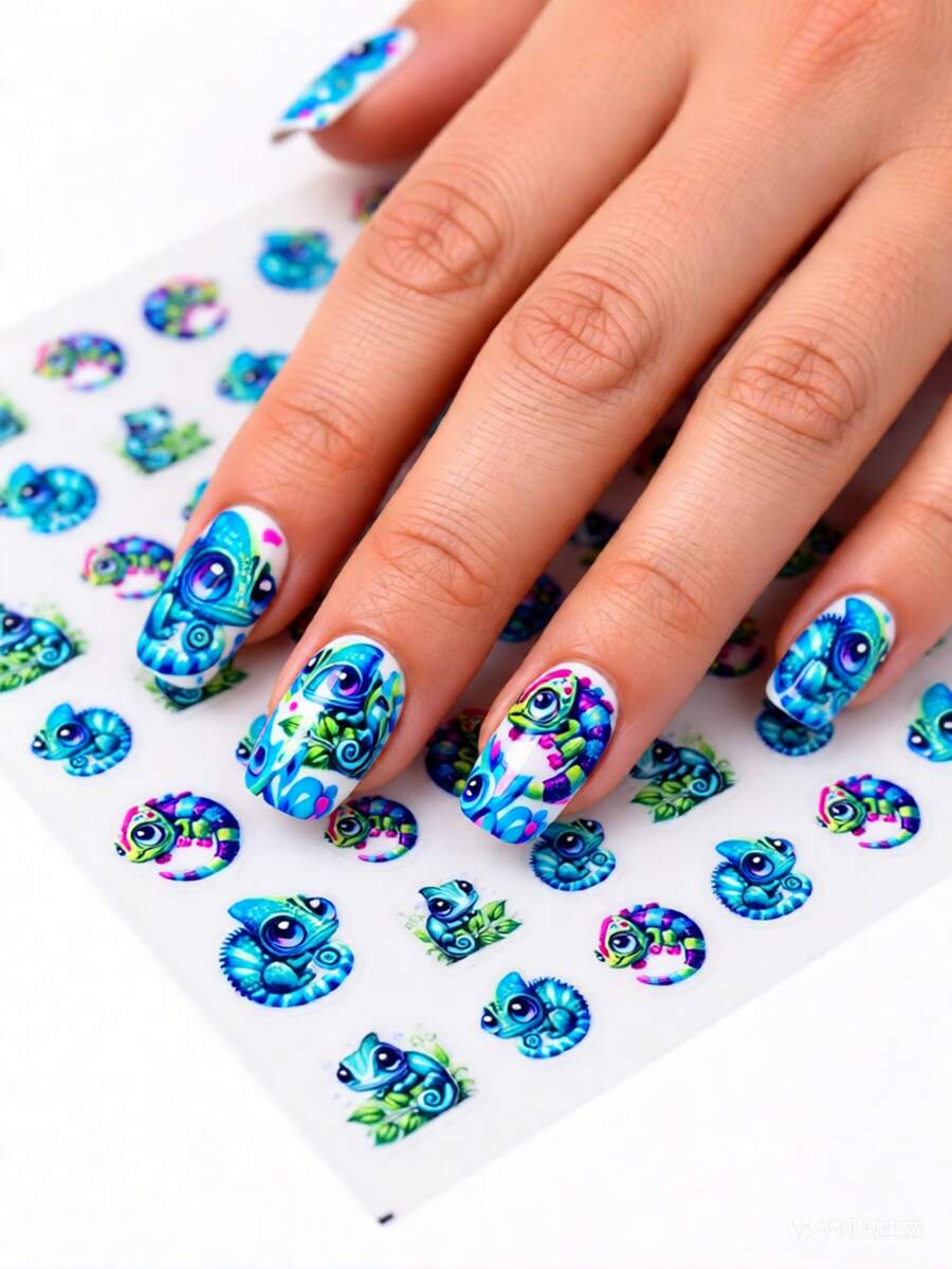 1pc Cute Chameleon Color Changing Nail Art Sticker, Self-Adhesive Shiny Nail Decor, Green Leaf Design, Cartoon Theme, Asymmetrical Shape, Suitable For Women One-Time Use DIY Nail Salon Supplies Nails - Multicolor - View 1