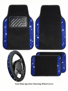 Juego de alfombrillas de coche con diamantes brillantes: Disponible en 5 piezas (alfombrillas + funda para volante), 4 piezas (alfombrillas completas del coche) o 1 pieza (funda para volante). Rhinestones brillantes, resistente al agua y antideslizante, adecuado para sedanes, SUV y - Estilo A - Ver 20