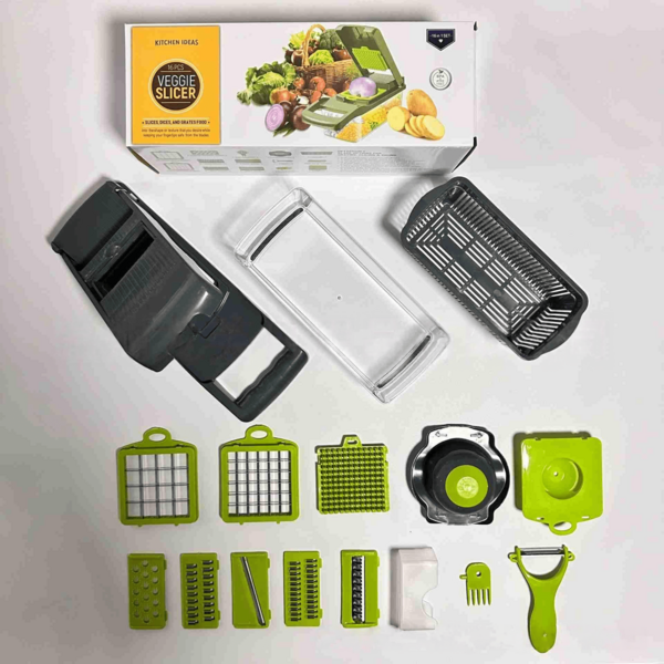 Vegetable Chopper With Container Vegetable Chopper, Onion Chopper, Mandoline Slicer, Food Chopper, Veggie Dicer.  16-In-1 Food Chopper And Dicer For Onion, Potato, And Tomato – Multifunctional Mandoline Slicer With Drain Basket & Hand Guard – Kitchen Gadgets (Grey/Green),Save 70% Meal Prep Time – Mandoline Slicer Cutter With 7 Interchangeable Blades, Claw & Peeler – Heavy Duty Kitchen Salad Chopper