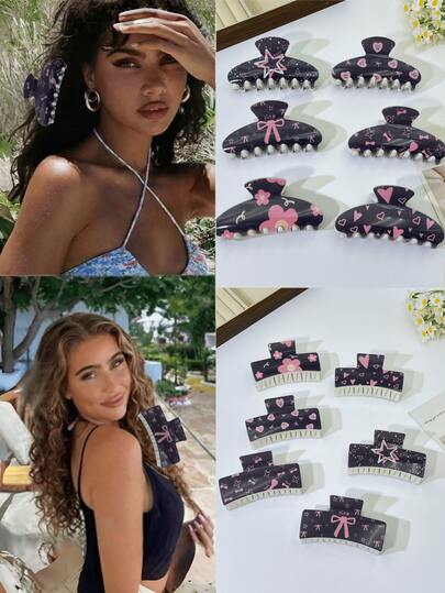 1个/3个/6个/10个 花卉印花波西米亚风ABS塑料（ABS树脂）2026新款 度假、旅行、派对、生日、办公室、海滩发爪夹组合发饰套装