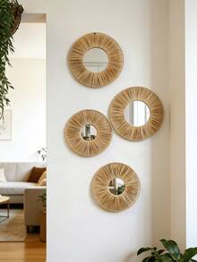 1/2/4件套波西米亚风编织圆形壁镜，藤编装饰镜，乡村风墙面装饰，优雅家居装饰，自然色调圆形墙面艺术品，适用于客厅、卧室、玄关，打造农舍风格墙面装饰，现代家居墙面装饰镜套装，适用于走廊、门廊、公寓装饰，家居装饰 - 彩色 - 查看 6