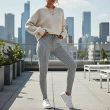 Women's High Waisted Striped Leggings: Ribbed Knit Pants With Drawstring Waist In Light Gray For Cozy Homewear, Casual Loungewear And Everyday Comfort. - 混合色 - 查看 3
