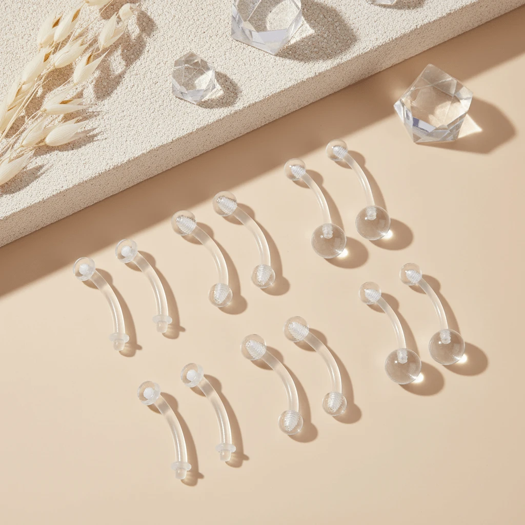 14G Plastic Belly Button Piercing Retainers, Curved Barbell Piercing Banana Plastic Acrylic Flexible 8/10/12/14 Mm - Clear - View 1