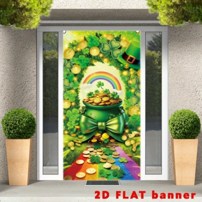 2D平面快乐圣帕特里克节门帘绿色三叶草彩虹金币罐子照片背景爱尔兰三叶草横幅前门室内外装饰派对用品