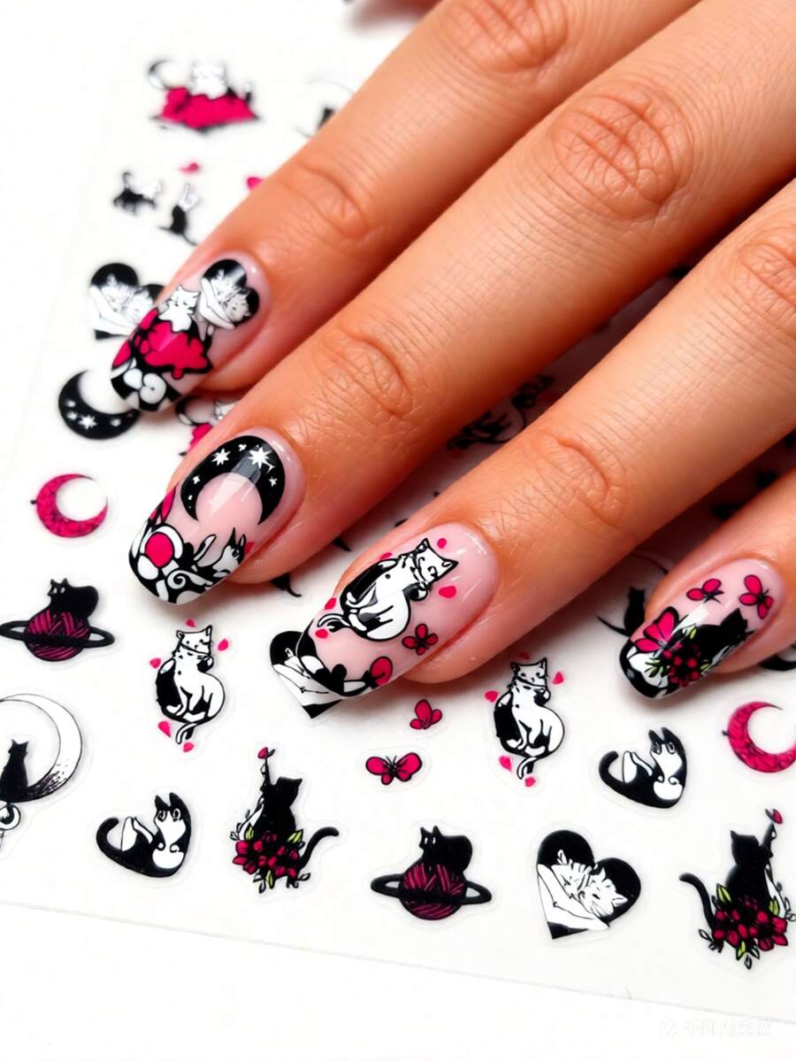 1张梦幻卡通美甲贴纸，包含可爱猫咪、蝴蝶、爱心、神秘星球、月亮、星星等图案，卡通主题，亮面，不对称形状，适合女性DIY或美甲沙龙使用。 - 彩色 - 查看 1
