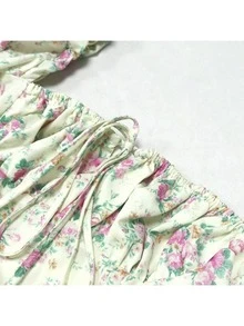 Women's Long Dress With Floral A-Line Print, Square Neckline, French Dresses With Split Hem - Elegant And Sexy - 米黃 - 查看 11