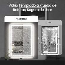 Espejo de baño táctil inteligente con luz led, espejo cuadrado, botón de ajuste de temperatura tricolor libre de toque con un solo clic, función inteligente antiniebla, pantalla de función de memoria de tiempo, 70 * 50 cm, montado en la pared, adecuado para duchas, dormitorios, Cosméticos - Blanco - Ver 8