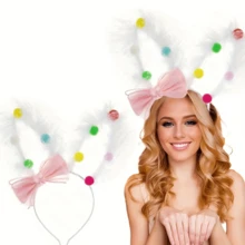 1pc Boho Style Rabbit Ear & Flower Headband | Cute Pink Bow Plush Headband, Suitable For Easter And Parties, Mixed Knit Fabric - Multicolor - View 2