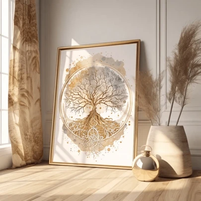 1 Pc Tree Of Life Unframed Canvas Wall Art- Spiritual Yoga And Positive Thinking Decor, Watercolor And Gouache Painting With Gold Accents, Framed Inspirational Poster, Suitable For Home Office, Meditation Room, Yoga Studio, Yoga Center Art, Textured Canvas, Zen Home Decor