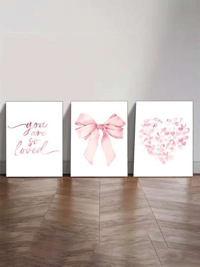 3PCS/SET Modern Wall Art Posters, Room Decor, Home Decor Sets, Abstract Canvas Art Prints For Bedrooms And Living Rooms - Butterfly Motif, "You Are So Beloved," Heart Pattern, Pink Bow, Minimalist Style, White Background, Contemporary Art Style, Minimalist Art, Romantic Wall Art | Valentine's Day Decor | Love | Unframed, Room Decor