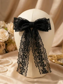 1 chiếc kẹp tóc nơ ren đen lớn dành cho nữ - Kẹp tóc nơ lớn kiểu Pháp cổ điển với đuôi dài, phụ kiện tóc ruy băng thanh lịch, trang nhã dành cho nữ, phong cách Gothic, thích hợp cho đám cưới, tiệc mùa hè, cosplay, kẹp càng cua, kẹp tóc cài, phụ kiện đội đầu. - Xem 3