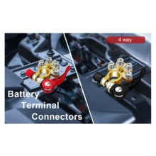 Conector batería 4 vías, positivo (rojo) + negativo (negro) + llave hexagonal. Terminales latón para baterías 45-200AH, SAE/JIS cilíndricas. 4 bornes para conexión múltiple de cables. Fácil instalación, presiona palanca para asegurar. Buena conductividad y resistencia a corrosión. Apto para autos, minibuses, RVs, camiones, audio auto. Reemplaza terminales viejos o dañados. - Dorado - Ver 3