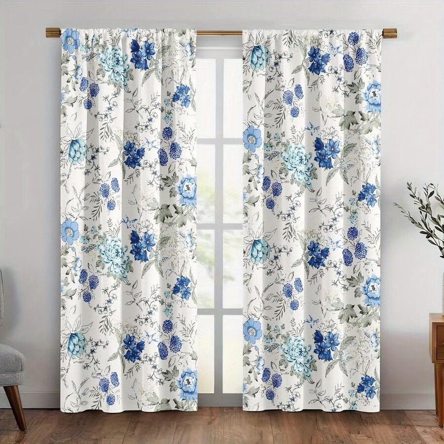 2pcs Refreshing Watercolor Floral Curtains, White Background With Blue Flower Patterns, Rod Pocket Design, Provides Privacy And Easy Installation, Ideal For Home Windows - Multicolor - View 1