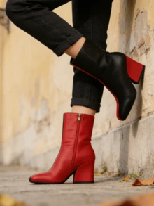 Women's BLACK RED COLOR BLOCKED CHUNKY BOOTIE  Chunky Heel Square Toe Short Boots Ankle Boots - Màu hỗn hợp - Xem 5