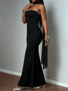 Women's Black Strapless Scarf-Adorned Long Dress, Mermaid Bodycon Style, Suitable For Elegant Evening Events And Refined Date Nights - 黑色 - 查看 4