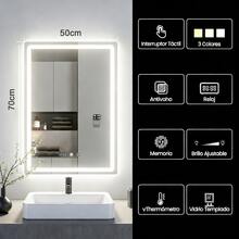 Espejo de baño táctil inteligente, espejo LED cuadrado, equipado con botón táctil inteligente y función automática de eliminación de niebla con un solo clic y pantalla de tiempo, tres temperaturas de color se pueden ajustar libremente, 70 * 50 cm, blanco, montado en la pared, adecuado para duchas, dormitorios, tocadores. - Blanco - Ver 3