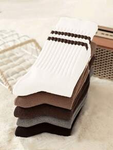 1/5 Pair Brown Striped Mid-Calf Socks, Comfortable, Casual, Fashionable And Versatile Women's Socks, Suitable For All Seasons - Multicolor - View 5
