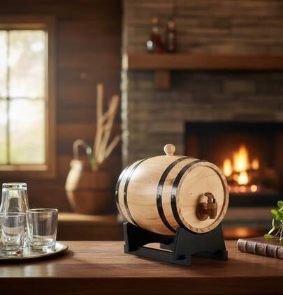 BLOOM STORE - Barril de Vino de Madera de 3L con Soporte y Grifo - Dispensador de Bebidas Estilo Rústico para Decoración de Hogar, Fiestas y Regalo Gourmet
