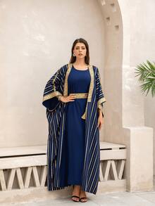 两件套：烫金印花长袖外套和圆领连衣裙，中东时尚 - 寶藍色 - 查看 2