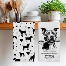 2pcs Simple Black & White Pitbull Holding Spoon Pattern Kitchen Towels, Soft Polyester Material Dish Cloths, Suitable For Kitchen Decor, Cleaning, Holiday Party Decoration, Kitchen & Bathroom Essentials, Home Decor, Housewarming Gift - Multicolor - View 6