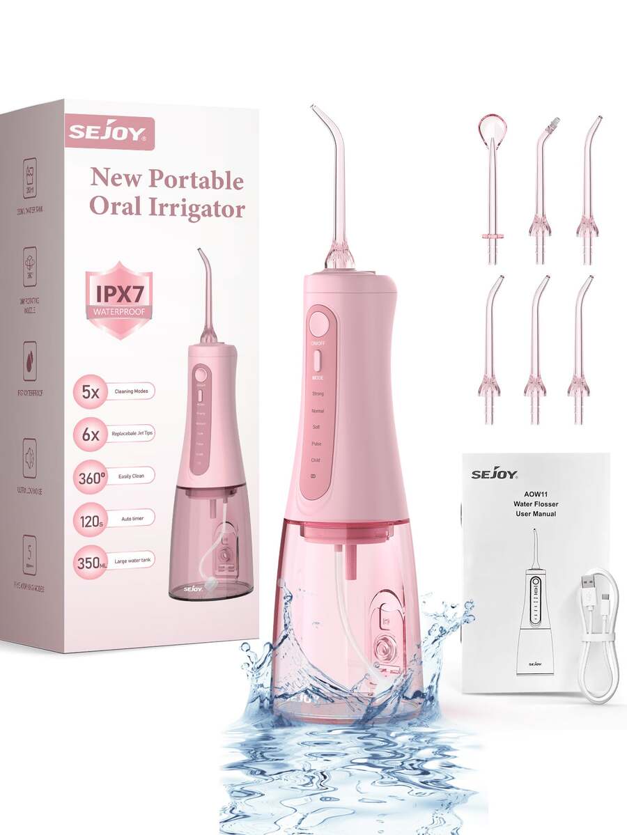 sejoy Cordless Portable Water Flosser, 5 Cleaning Modes, 6 Nozzles, Dental Professional Oral Cleaner, Effectively Cleans Teeth And Improves Oral Health - 粉色 - 查看 1