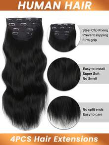 4Pcs/Set Hair Clip In Hair Extensions Body Wave Hair Extensions Full Head Hairpiece Double Weft Natural Hair Extensions For Women Daily Use Natural Black - Natural Black - View 2