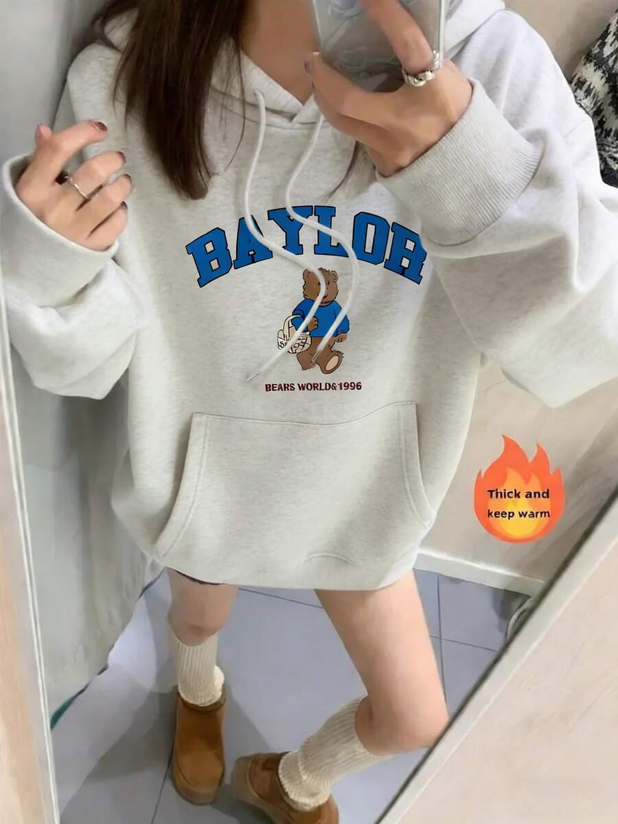 2025 Autumn/Winter New Women's English Letter Graphic Print Casual College Style Versatile Thermal Lined Sweatshirt