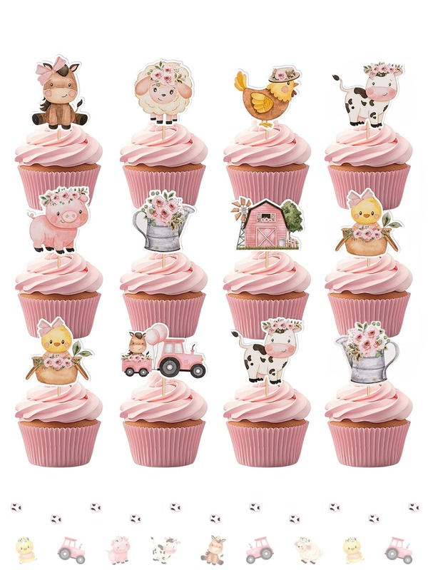 27pcs Farm Animal Cupcake Toppers, Pink Farm Animal Cupcake Decorations, Farm Animal Birthday Cupcake Toppers, Suitable For Animal Theme Baby Shower, Farm Theme Birthday Party Supplies